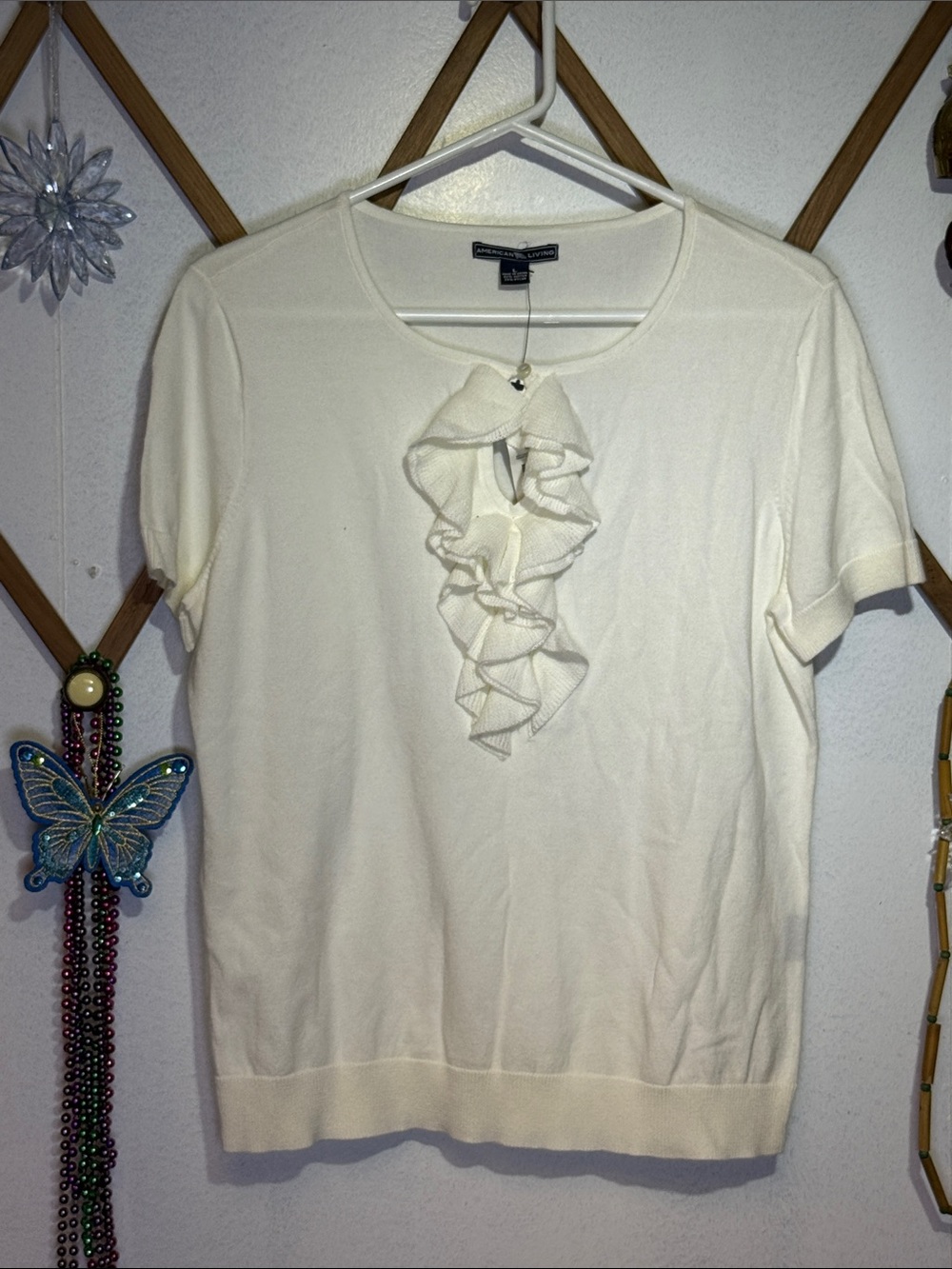 American Living Cream Ruffle-Front Scoop Neck Sweater